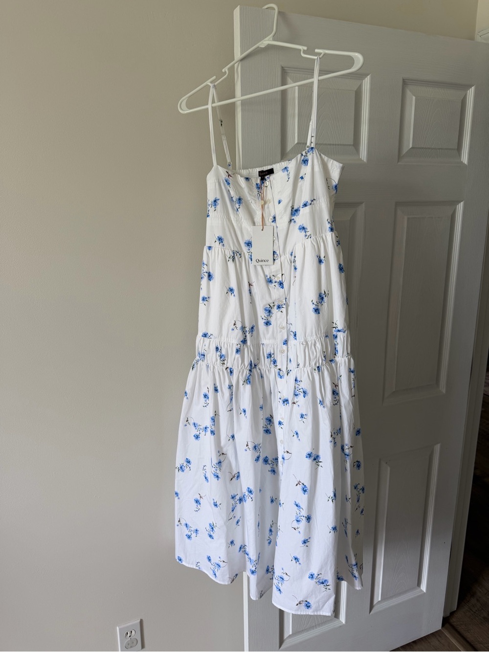 Quince White Dress with Blue Floral Print